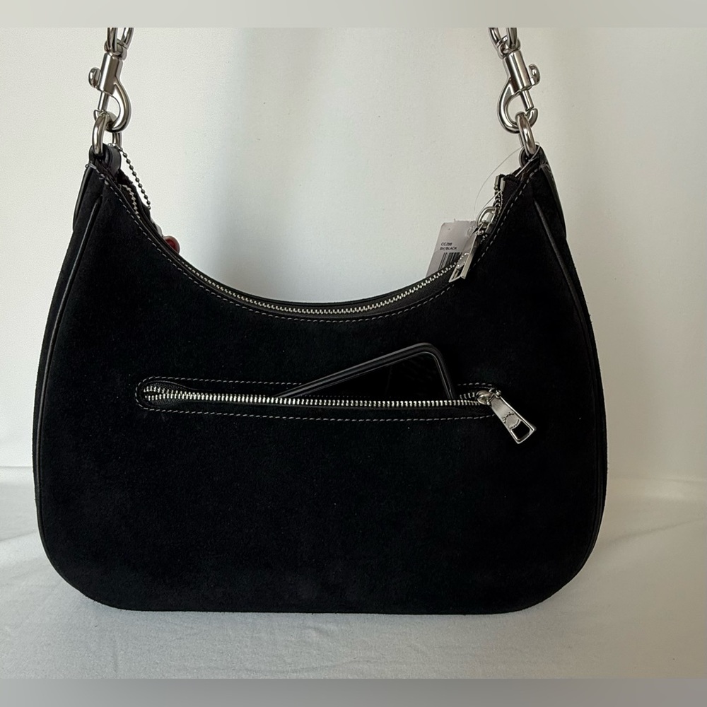 NWT Coach Teri Hobo Shoulder Bag Black Suede Silver Hardware Cherry Charm CCZ88 - Picture 10 of 15